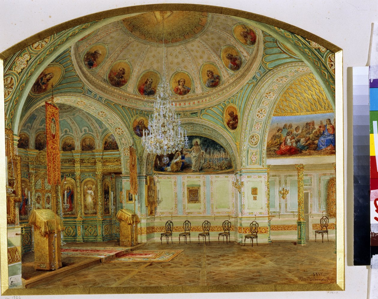 Interieur de la chapelle du palais Ioussoupov (palais de la Moika)a Saint Petersbourg.(圣彼得堡尤苏波夫宫内教堂内部）。Oeuvre de Vasily Semyonovich Sadovnikov (1800-1879)，纸上水彩画 作者 瓦西里·塞梅诺维奇·萨多夫尼科夫