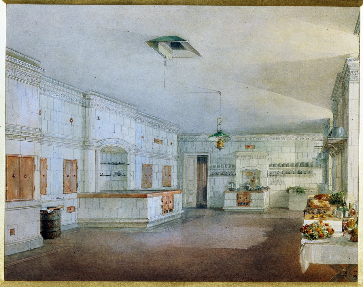 La cuisine du palais Ioussoupov (palais de la Moika) a Saint Petersbourg.(圣彼得堡尤苏波夫宫的厨房）。Oeuvre de Vasily Semyonovich Sadovnikov (1800-1879)，纸上水彩画。19 世纪俄罗斯艺术。俄罗斯国家博物馆，圣彼得堡 作者 瓦西里·塞梅诺维奇·萨多夫尼科夫