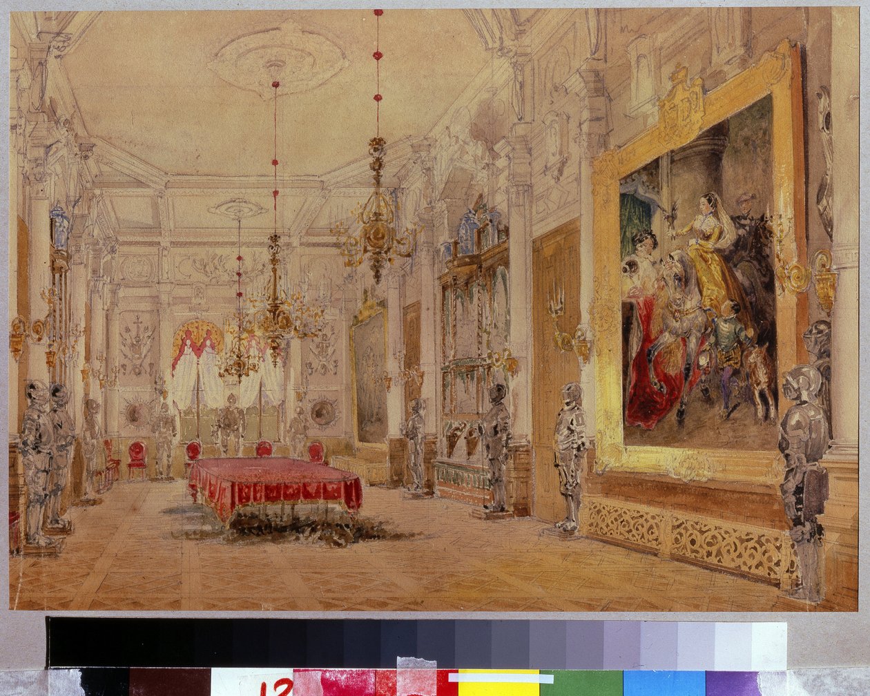 La salle a manger dans le manoir Verki（维尔基庄园的餐厅）。Oeuvre de Vasily Semyonovich Sadovnikov (18000-1879), aquarelle sur toile 作者 瓦西里·塞梅诺维奇·萨多夫尼科夫