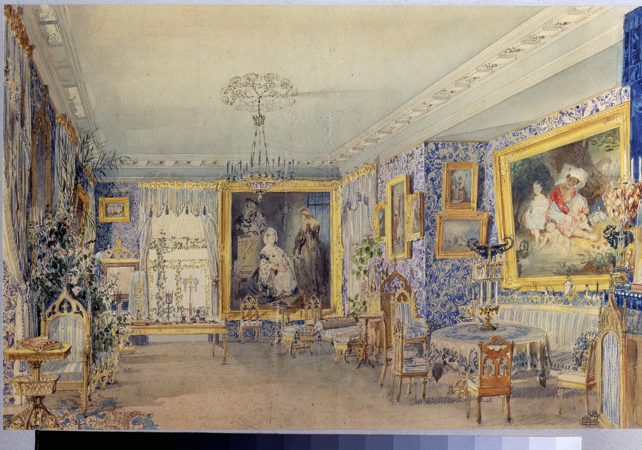 Verki 庄园的起居室》。Oeuvre de Vasily Semyonovich Sadovnikov (1800-1879), watercolourelle sur papier 作者 瓦西里·塞梅诺维奇·萨多夫尼科夫