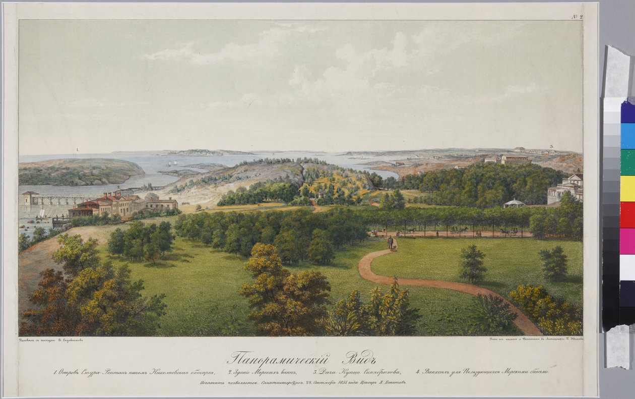 Sveaborg 和 Helsingfors 全景图（第 2 页），作者：萨多夫尼科夫，瓦西里·谢苗诺维奇（1800-1879 年）。 石版画、水彩 作者 瓦西里·塞梅诺维奇·萨多夫尼科夫