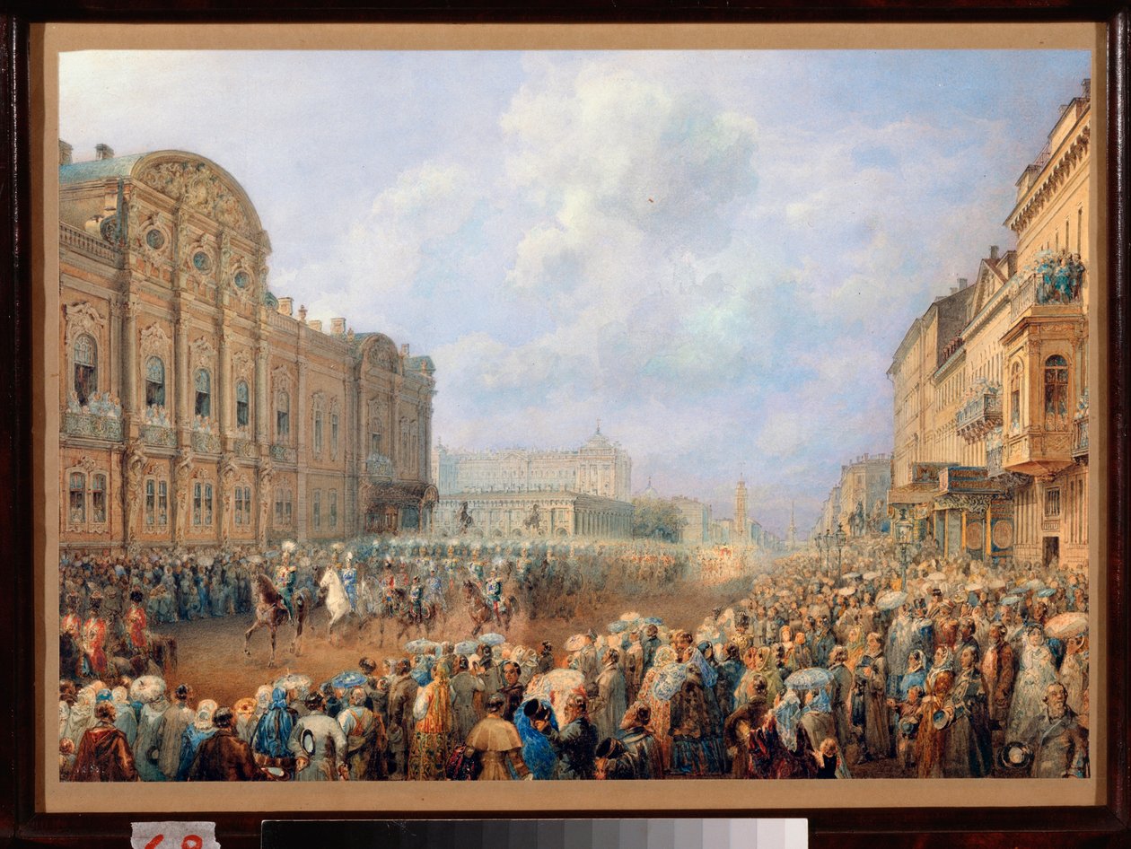 涅瓦大街（Nevsky Prospect）上的游行队伍，位于 Belosselski Belozerski 宫（圣彼得堡）。瓦西里-谢苗诺维奇-萨多夫尼科夫（1800-1879 年）的作品，纸上水彩画 作者 瓦西里·塞梅诺维奇·萨多夫尼科夫