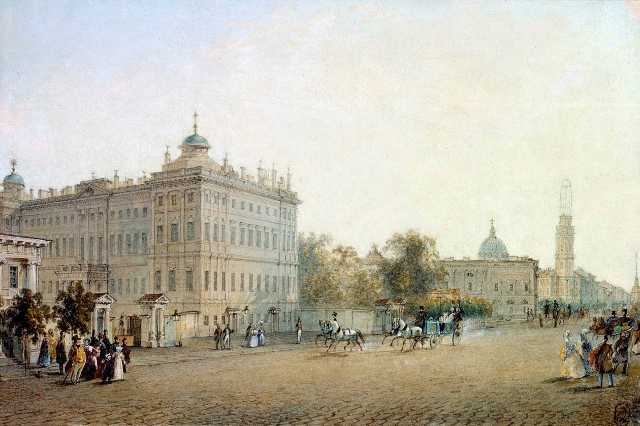 1830 年在圣彼得堡的透视涅夫斯基 (Nevsky) 的视图。俄罗斯水彩画 作者 Vasily Sadovnikov (1800-1879) 1830 年圣彼得堡。 冬宫图书馆 作者 瓦西里·塞梅诺维奇·萨多夫尼科夫