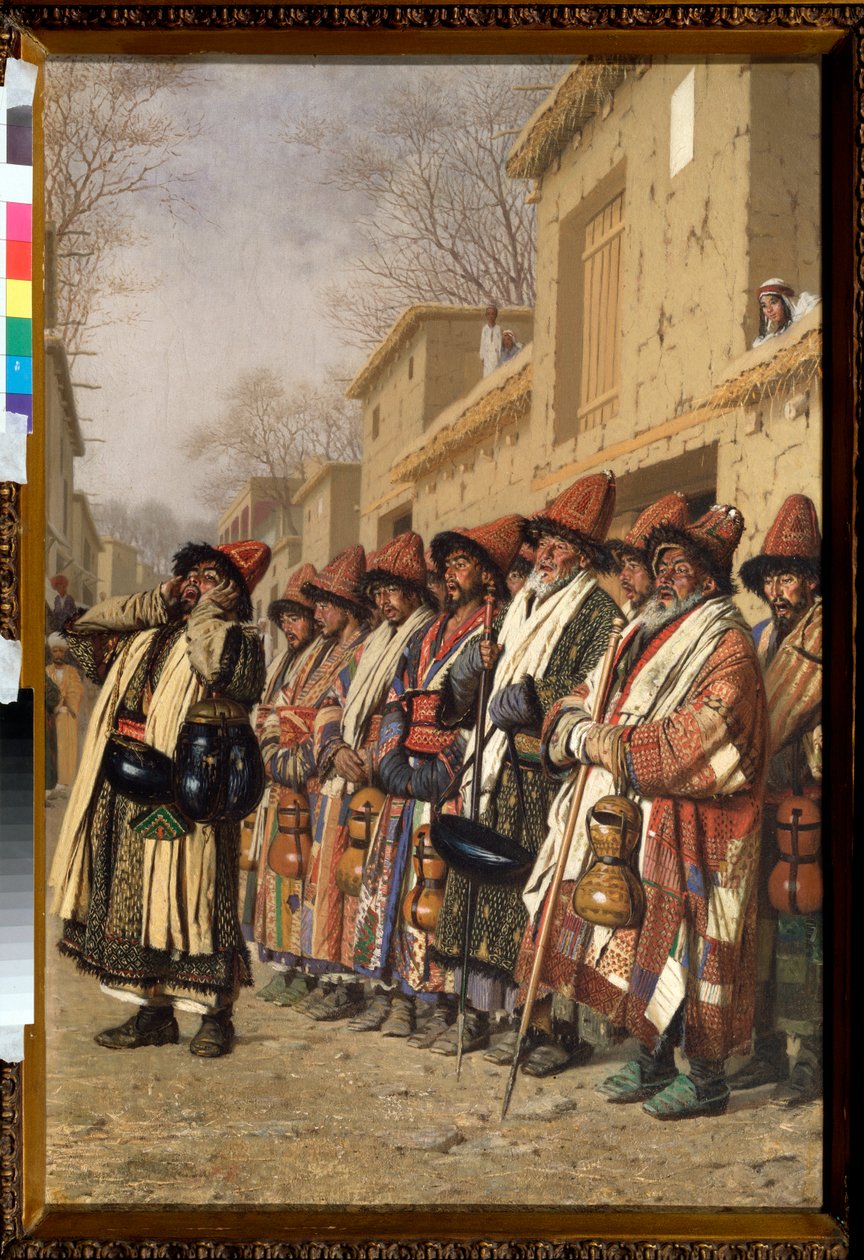 Le choeur des derviches mendiant leur aumone a Tachkent (Uzbekistan) (Dervishes Chorus Begging Alms in Tashkent) - Peinture de Vasili Vasilyevich Vereshchagin (Vassili Verechtchaguine) (1842-1904), huile sur toile 作者 瓦西里·瓦西里耶维奇（Vasili Vasilievich Vereshchagin）
