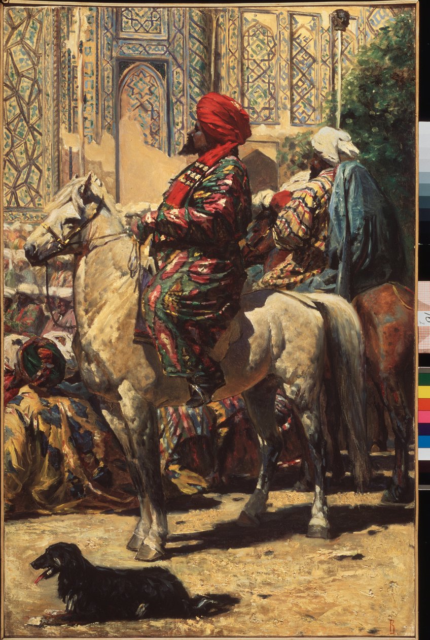 Un cavalier a Samarcande (Ouzbekistan) (《撒马尔罕的骑士》) - Vasili Vailyevich Vereshchagin (Vassili Verechtchaguine) (1842-1904) 的绘画，纸上水彩 作者 瓦西里·瓦西里耶维奇（Vasili Vasilievich Vereshchagin）