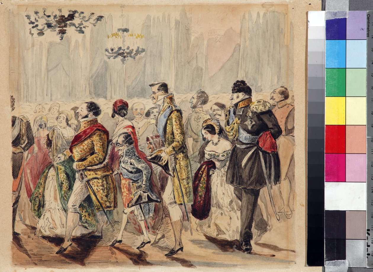 瓦西里·维内迪克托维奇 (Vasili Venediktovich) 的巴拉诺夫上流社会舞会 (1792-1836)，十九世纪第一季度。 - 纸上水彩画 - 塔尔哈尼莱蒙托夫州立博物馆 作者 瓦西里·韦尼迪科维奇·巴拉诺夫