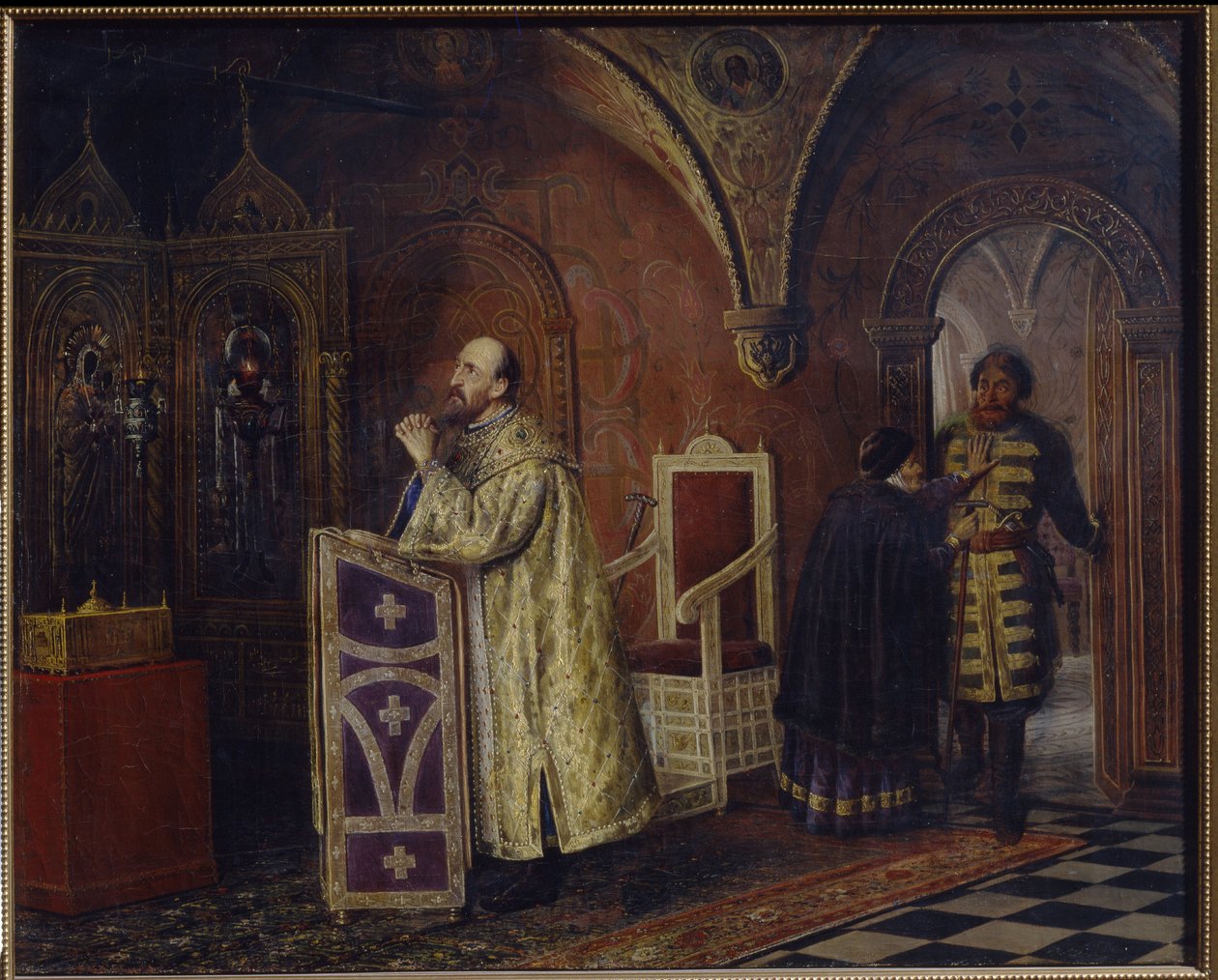 Le tsar Ivan IV le Terrible (1530-1584) priant（沙皇伊凡四世在祈祷）。Vasili Vladimirovich Pukirev (Vassili Poukirev) (1832-1890)的绘画，纸上水彩。 作者 瓦西里·弗拉基米罗维奇·普基雷夫