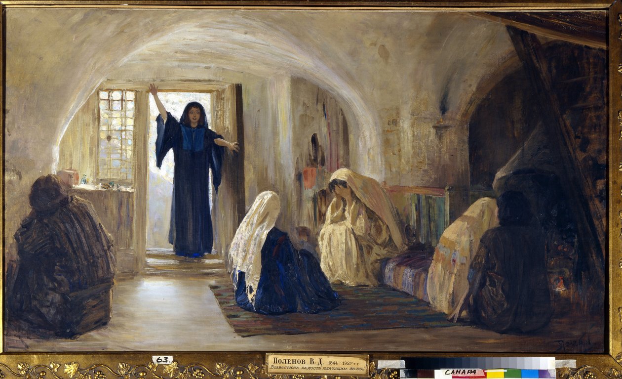 Declenchement des larmes de joie (une jeune femme radieuse entre une maison où tous sont assis a morfondre et a pleurer) (迎来含泪的喜悦) - Vasili Dmitrievich Polenov (1844-1927)的画作，布面油画 (80x141 cm),1899-1905 - 国家 作者 瓦西里·德米特里耶维奇·波列诺夫