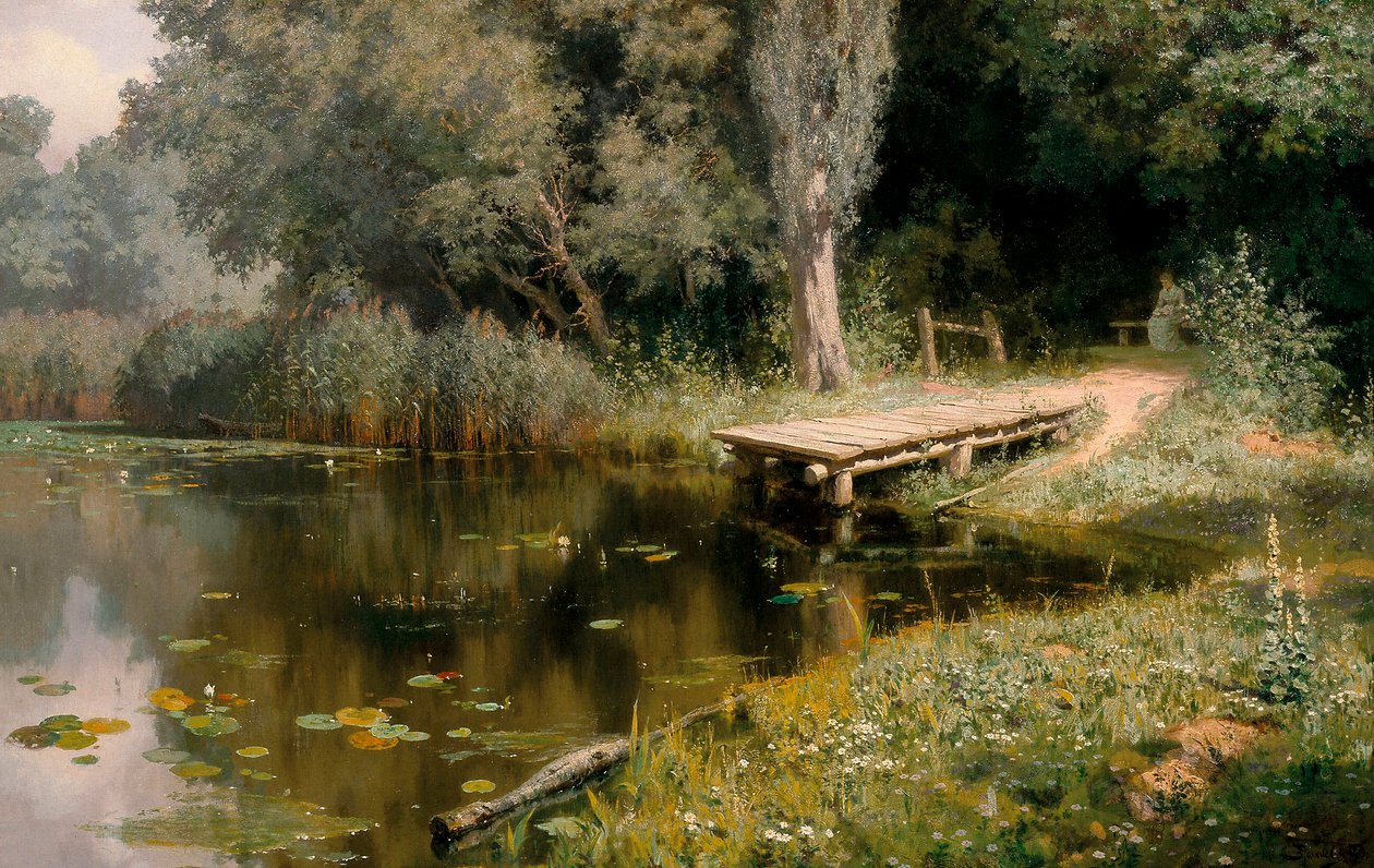 Le bassin envahi par la vegetation.瓦西里-德米特里耶维奇-波列诺夫（1844-1927 年）的绘画作品 作者 瓦西里·德米特里耶维奇·波列诺夫
