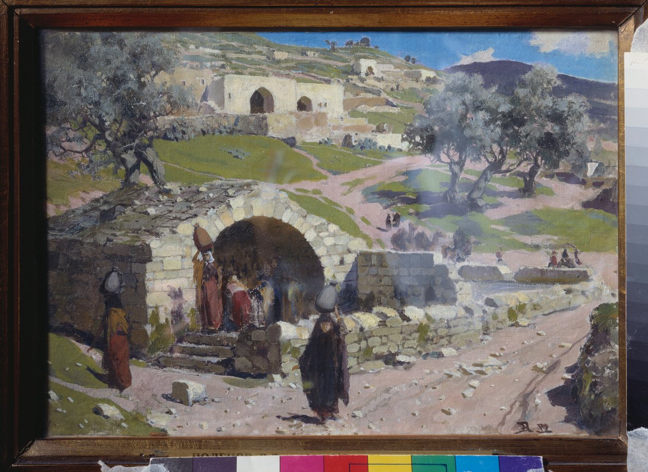 Le puits de Sainte Marie a Jerusalem（以色列）--拿撒勒的圣玛丽井--瓦西里-德米特里耶维奇-波列诺夫（1844-1927 年）的油画，纸上水彩 作者 瓦西里·德米特里耶维奇·波列诺夫