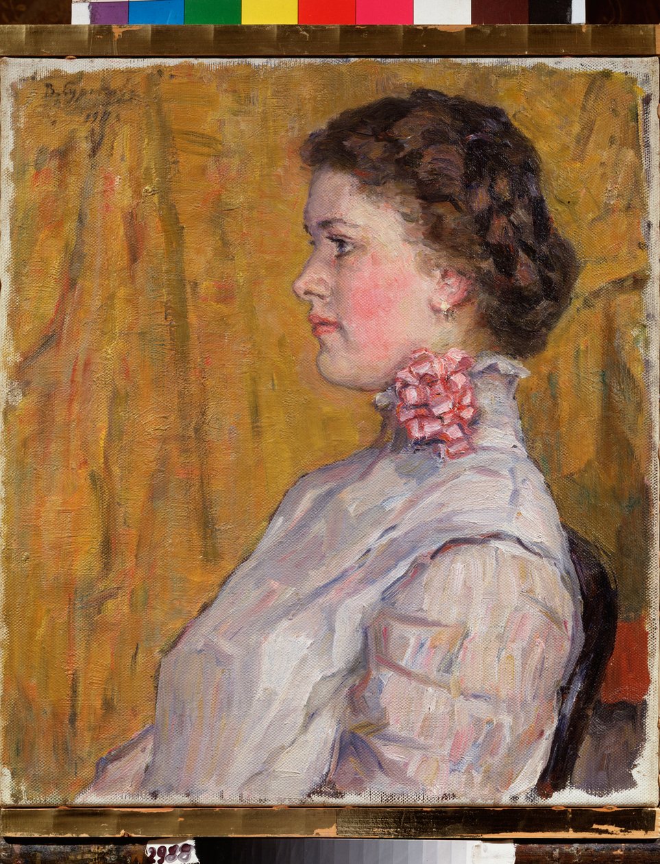 Portrait de femme sur fond jaune（黄背景上的女性肖像）--瓦西里-伊万诺维奇-苏里科夫（瓦西里-苏里科夫或瓦西里-苏里科夫）（1848-1916 年）的画作，布面油画 作者 瓦西里（Vasilij Ivanovic Surikov）
