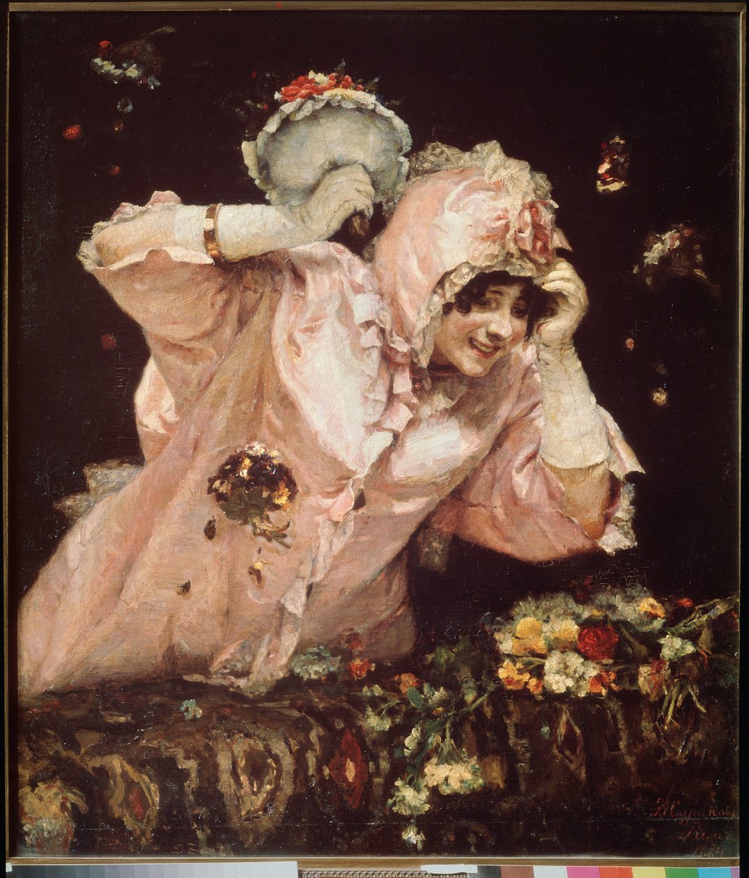 Scene de carnaval a Rome (Italie) (Une jeune femme penchee sur un balcon, recoit et jeté des bouquets de fleurs) - 罗马狂欢节场景 - 瓦西里-伊万诺维奇-苏里科夫（瓦西里-苏里科夫或瓦西里-苏里科夫）（1848-1916 年）的画作，布面油画 作者 瓦西里（Vasilij Ivanovic Surikov）