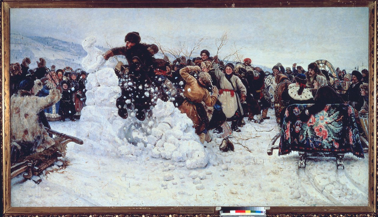 Tempete de la forteresse de neige（《雪堡风暴》）（东正教卡雷姆周期间的流行欢庆场景，maslenitsa）--瓦西里-伊万诺维奇-苏里科夫（瓦西里-苏里科夫或瓦西里-苏里科夫）（1848-1916 年）的画作，布面油画 作者 瓦西里（Vasilij Ivanovic Surikov）