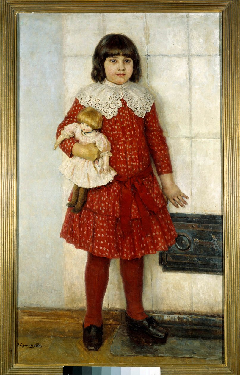 女孩有娃娃画 瓦西里·伊万诺维奇·苏里科夫 (Vasili Surikov 或 Vasili Surikow) (1848-1916) 1888 莫斯科。 特列季亚科夫画廊 作者 瓦西里（Vasilij Ivanovic Surikov）