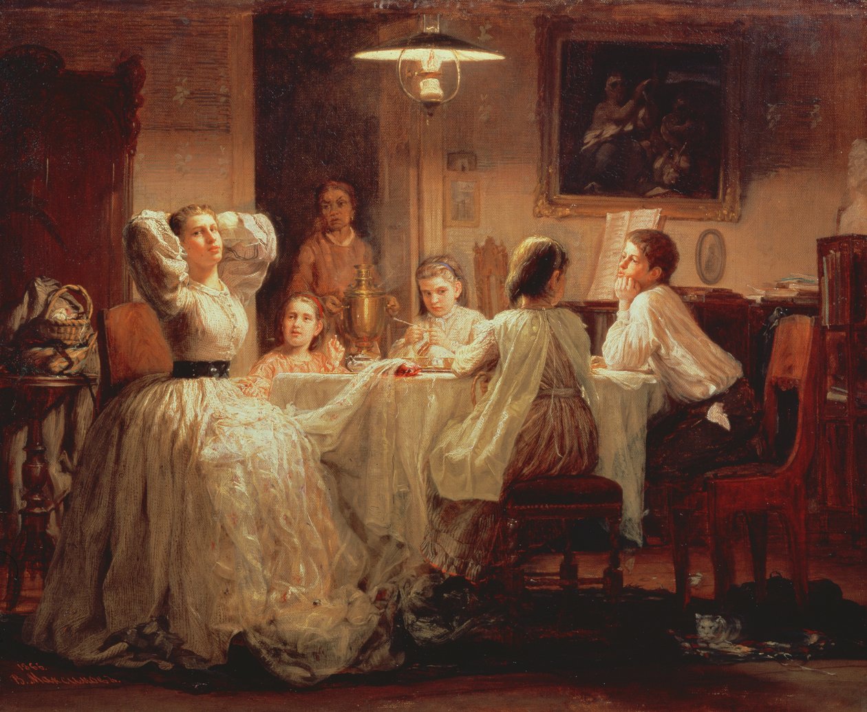 缝制嫁妆，1866年 作者 瓦西里·马克西莫夫（Vasily Maximov）