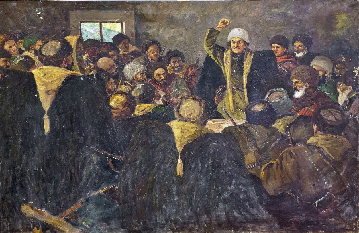 格里戈里·康斯坦丁诺维奇·奥尔忠尼启则 (1886-1937) - 瓦西里·安菲莫维奇 (1880-1939) 的克罗特科夫在北高加索地区的谢尔戈·奥尔忠尼启则。 布面油画，尺寸：100x150 作者 瓦西里·安菲莫维奇·克罗特科夫