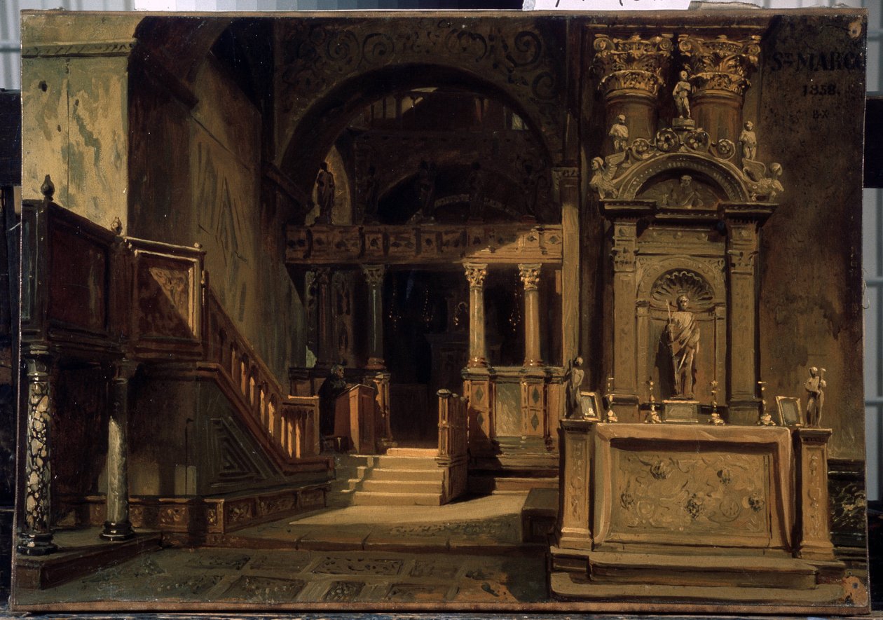 Interieur de la basilique Saint Marc a Venise (Italie) （威尼斯圣马可大教堂内部）。Peinture de Vasili Grigorievich Khudyakov (1826-1871)。纸上油画，29.5 x 41 厘米 作者 瓦西里·格里戈里耶维奇·胡贾科夫
