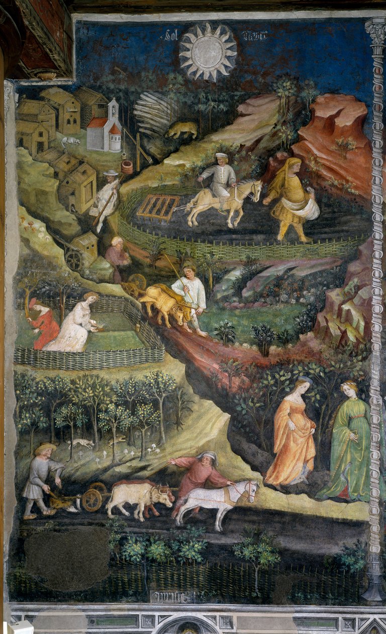 April: plowing and sowing of fields. Agriculture scene with plow, harrow and agricultural tools in the countryside. Painting by the Master of the Months or Master Wenceslas (Maestro dei Mesi or Maestro Wenceslao in Italian, beginning of the 15th century) r 作者 文斯劳艺术大师