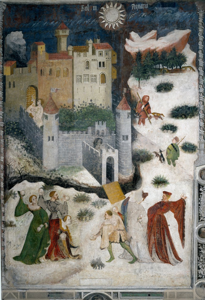 Month of January: snowy landscape with aristocrats and hunters. Aristocrats play snowballs while hunters go hunting with their dogs. At the bottom the Castello di Stenico castle and a man with the key is ready to open the fortress door. Painting by the Mas 作者 文斯劳艺术大师