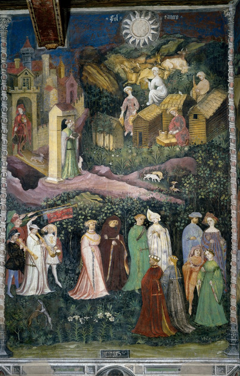 Month of June: dance of ladies and horsemen. At the bottom treats cows and cheese making with milk. People loaded with food are coming out of the castle. Cardinal Bernardo Cles (1485-1539), the sponsor of the painting redone by Fogolino, is represented in  作者 文斯劳艺术大师