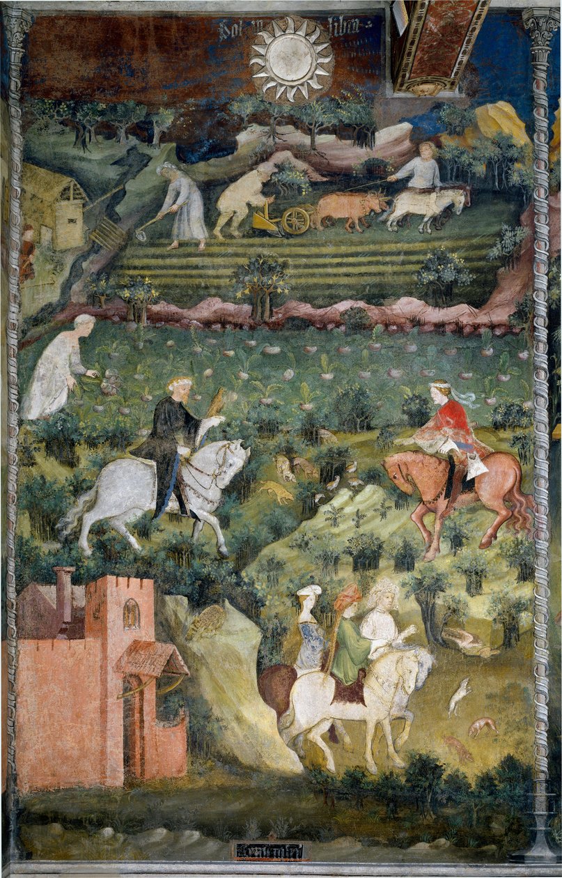 September: Falcon hunting and field plowing. Agriculture scene with cart pulled by oxen and agricultural tools. Painting by the Master of the Months or Master Wenceslas (Maestro dei Mesi or Maestro Wenceslao in Italian, beginning of the 15th century) resto 作者 文斯劳艺术大师