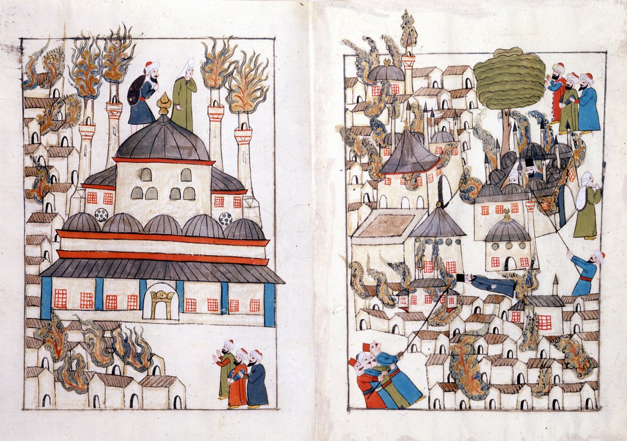 1660 年君士坦丁堡的一场火灾。 来自“土耳其纪念馆”（codex Cicogna 1971“Memorie Turchesche”）的缩影，来自 17 世纪威尼斯画派的水彩画。 作者 威尼斯人学校
