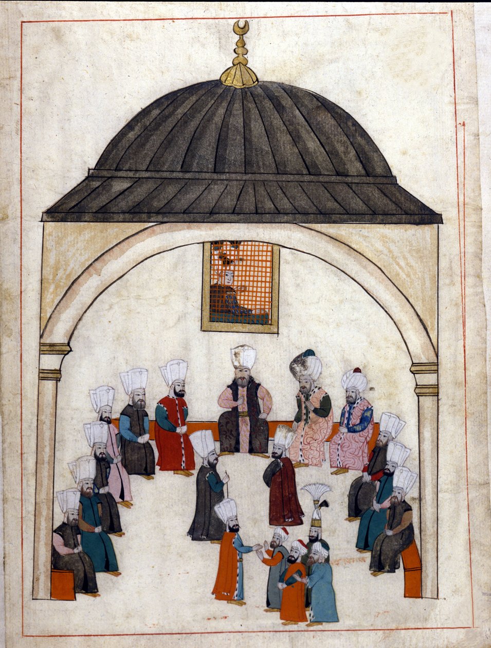 Administration under the Ottoman Empire: a hearing presided over by the Grand Vizir. Miniature from “” Turkish Memorials”” (codex Cicogna 1971 “Memorie Turchesche”) Watercolour from the 17th century Venetian school. 作者 威尼斯人学校