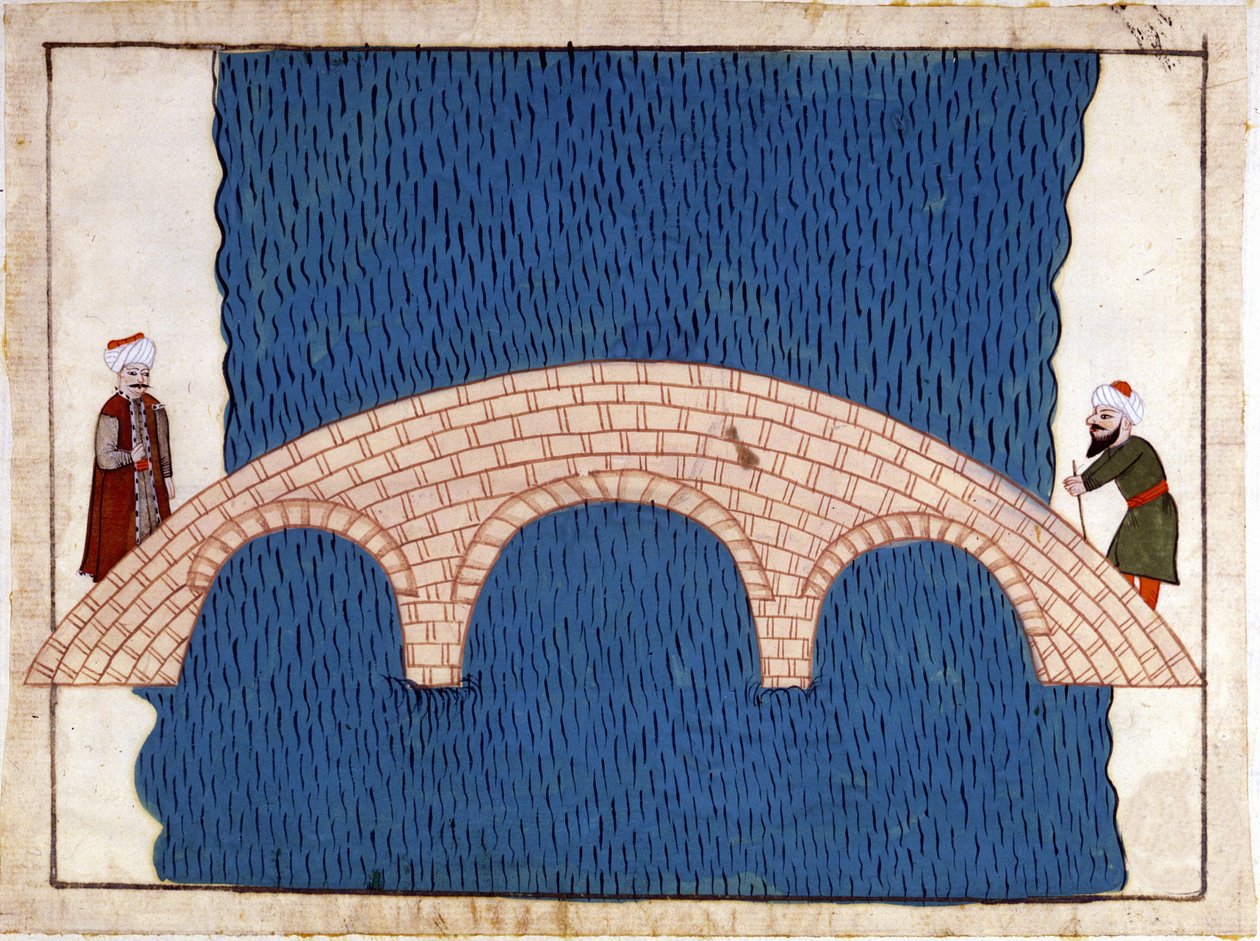 君士坦丁堡。 加拉塔桥。 来自“土耳其纪念馆”（codex Cicogna 1971“Memorie Turchesche”）的缩影，来自 17 世纪威尼斯画派的水彩画。 作者 威尼斯人学校