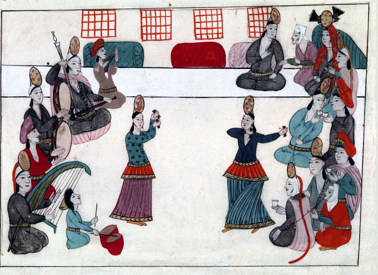 奥斯曼帝国时期的音乐家和舞蹈家。 来自“土耳其纪念馆”（codex Cicogna 1971“Memory Turchesche”）的缩影，来自 17 世纪威尼斯画派的水彩画。 作者 威尼斯人学校