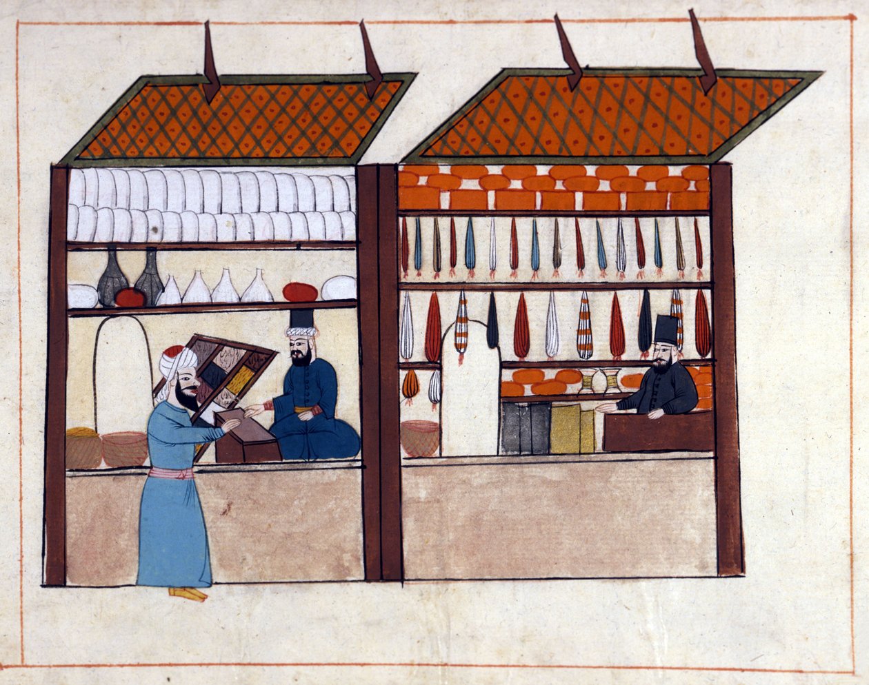 奥斯曼帝国统治下土耳其君士坦丁堡的商店（香料商人）。 来自“土耳其纪念馆”（codex Cicogna 1971“Memorie Turchesche”）的缩影，来自 17 世纪威尼斯画派的水彩画。 作者 威尼斯人学校