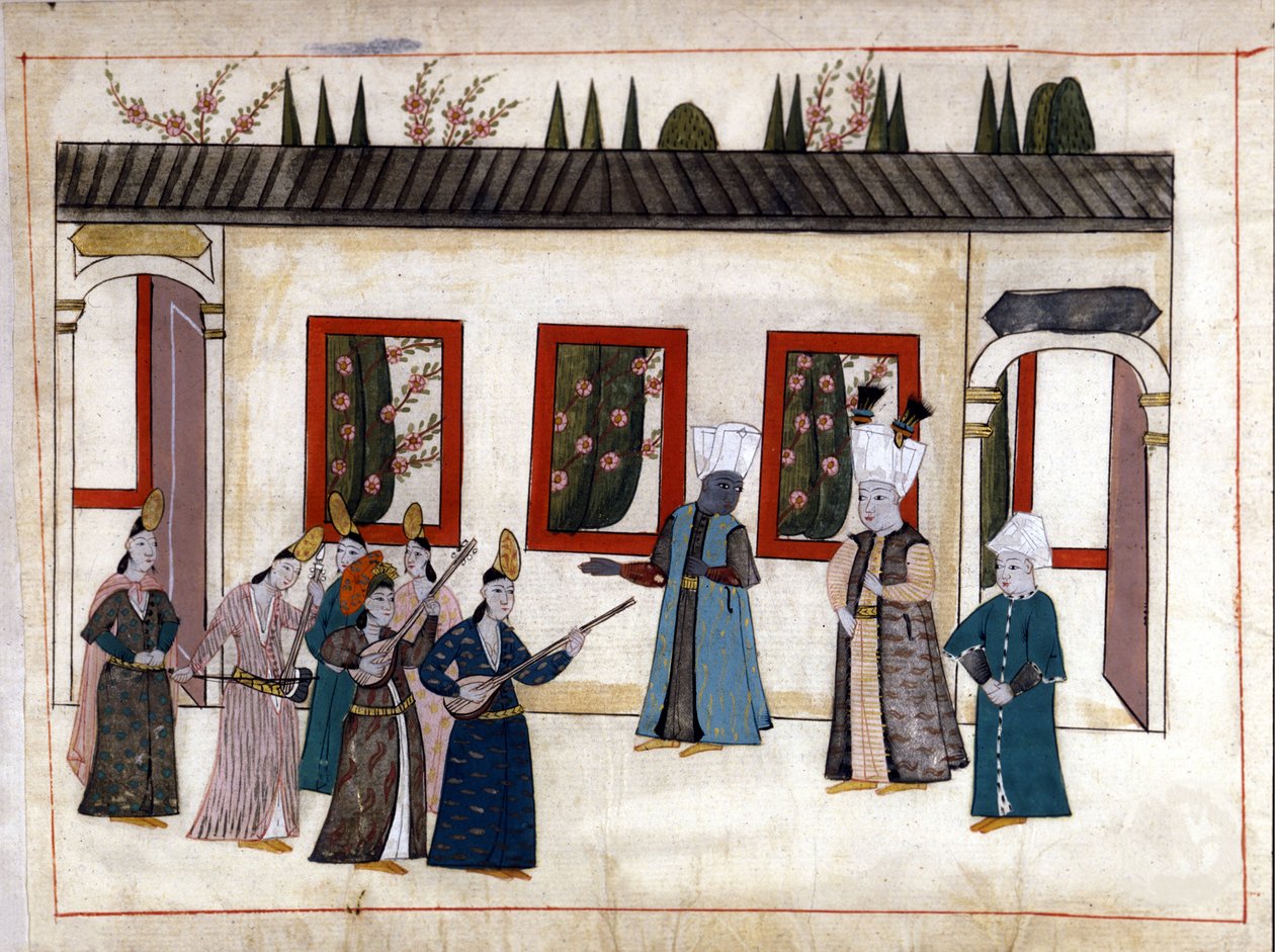 苏丹拜访了太监的母亲和酋长。 来自“土耳其纪念馆”（codex Cicogna 1971“Memorie Turchesche”）的缩影，来自 17 世纪威尼斯画派的水彩画。 作者 威尼斯人学校