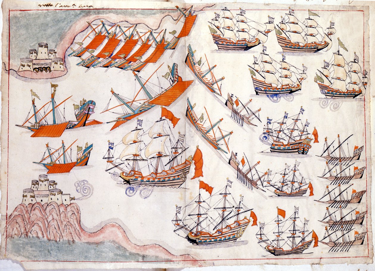威尼斯与奥斯曼帝国之间的战争：1655 年威尼斯船长洛伦佐·马塞洛 (Lorenzo Marcello) 取得胜利的达达尼尔海峡之战（水彩） 作者 威尼斯人学校