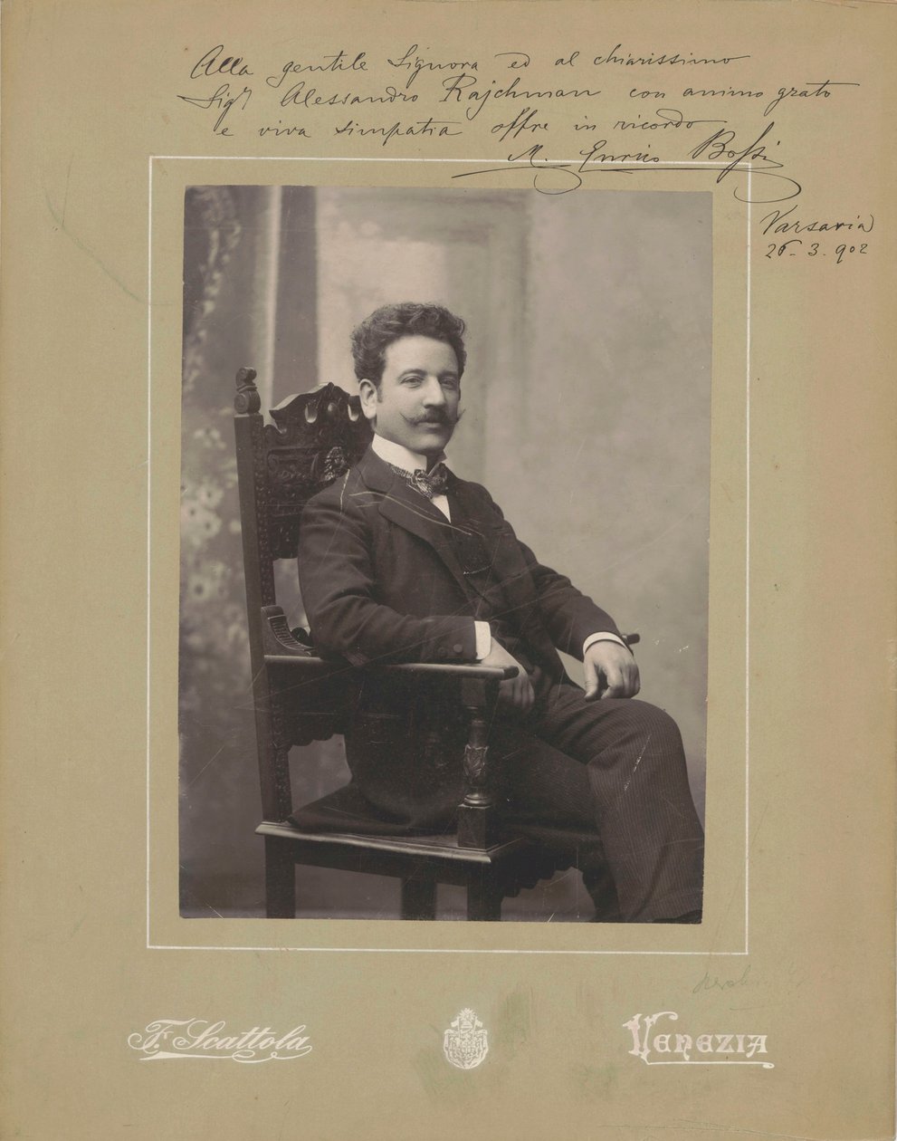 风琴家和作曲家马尔科-恩里科-博西的肖像，1861-1925年，约1900年。 作者 威尼斯。摄影工作室弗朗西斯科·斯卡托拉