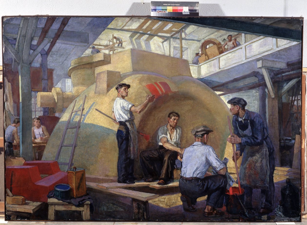 建筑模型。Veniamin Pavlovich Belkin（1884-1951 年）的画作，布面油画，约 1930 年。俄罗斯艺术，20 世纪。苏联宣传画。鄂木斯克 M.Vrubel 地区艺术博物馆（俄罗斯） 作者 维尼亚明·帕夫洛维奇·贝尔金