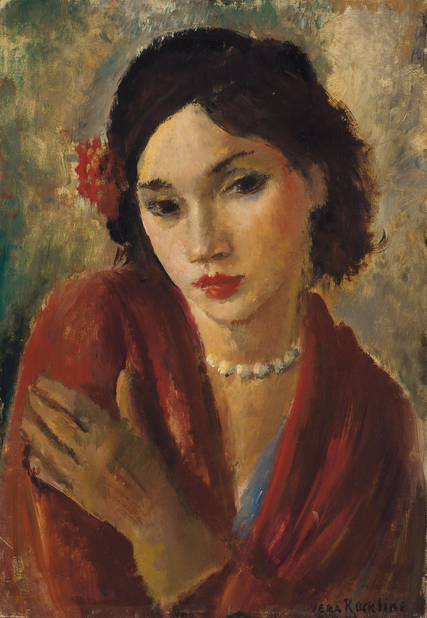 一位有珍珠项链的优雅女士（布面油画） 作者 维拉摇滚