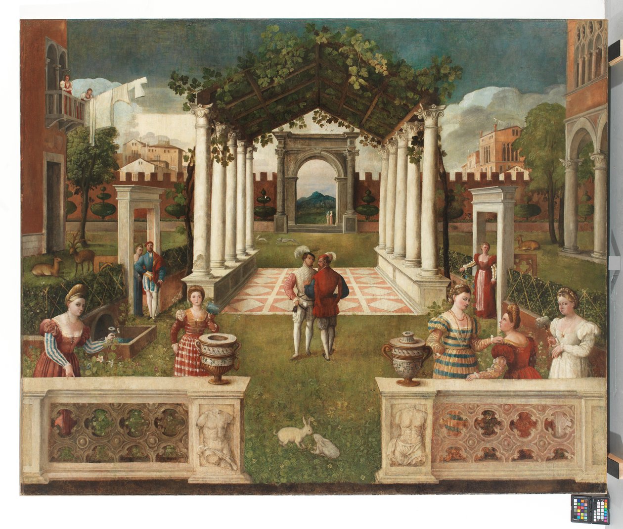 一座古典建筑园林，人物优雅，远处是山色，约1000年。 1530（布面油画） 作者 维罗纳学校