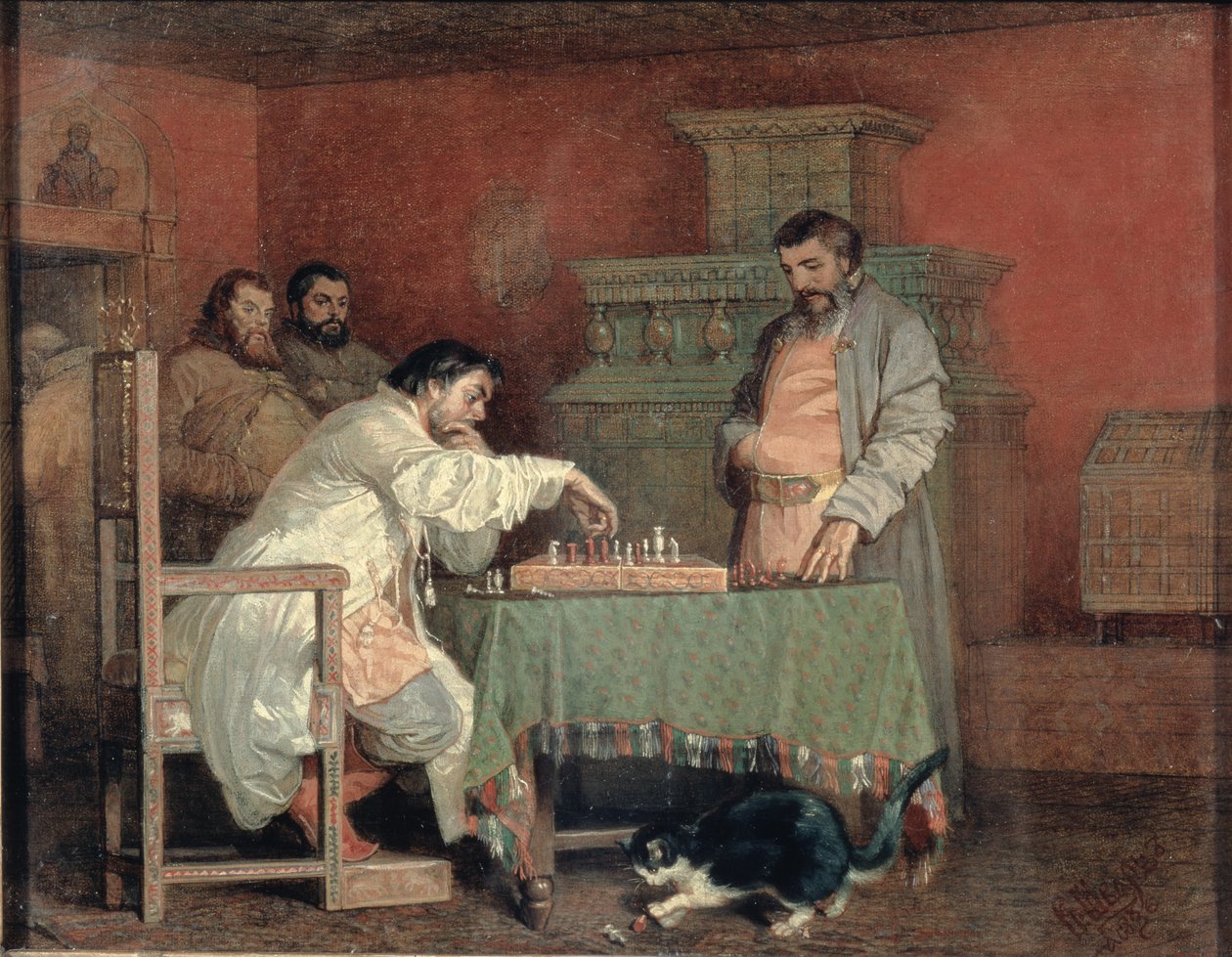 来自俄罗斯沙皇生活的场景：下棋，1865年 作者 Viatcheslav Grigorievitch黑色