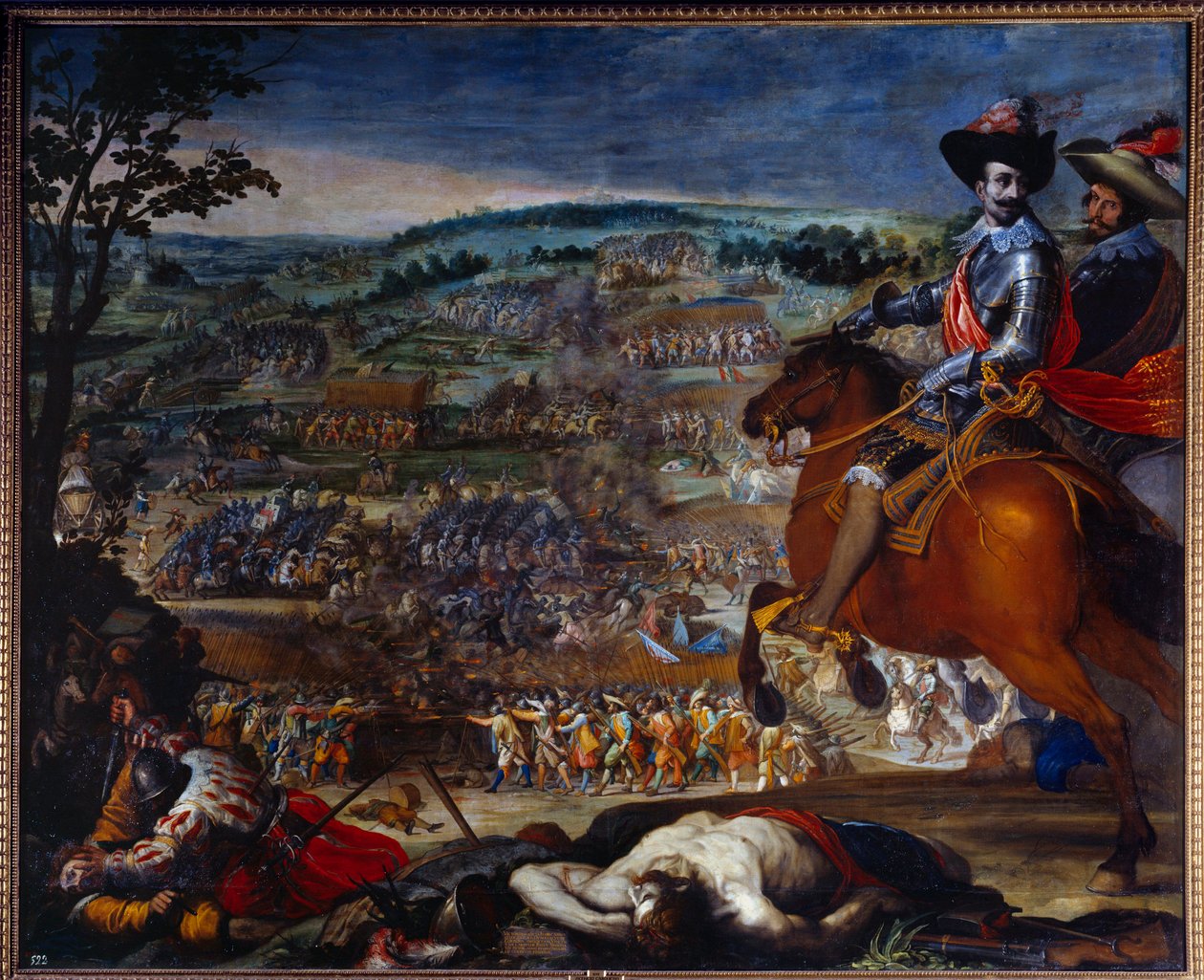 Thirty Years War: 1618-1648. “The Battle of Fleurus in 1622.” It opposes the Protestant troops of Christian de Brunswick and Ernst von Mansfeld against the Spanish army led by Gonzalo Fernandez de Cordoba representative on the right. Painting by Vicente Ca 作者 维森特·卡杜乔（Vicente Carducho）