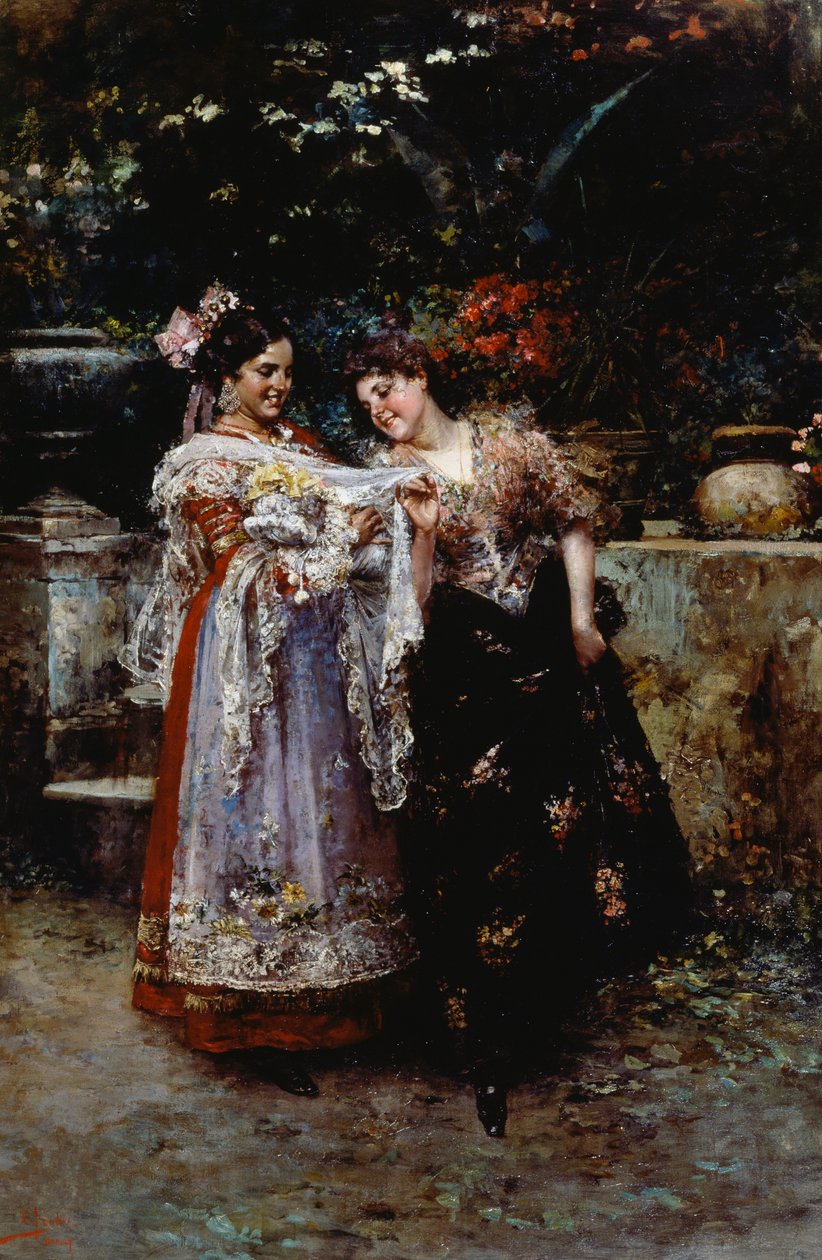 美丽的花边（两个女人和新生儿），由Vincenzo Irolli（1860-1949）创作，布面油画。 作者 Vicenzo Irolli