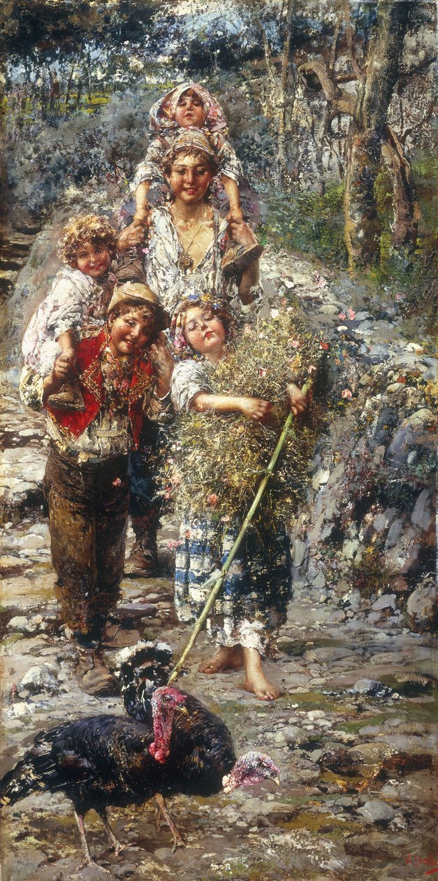 带有火鸡的儿童（布面油画） 作者 Vicenzo Irolli