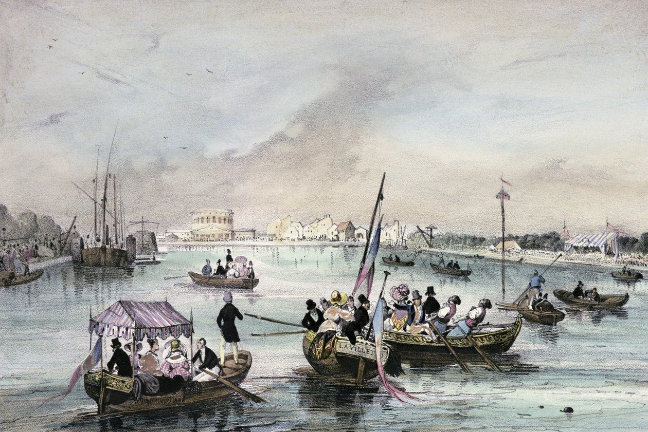 Joust on the water，“巴黎周边的当地美食”系列，1830年，La Villette 作者 维克多·亚当