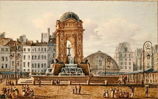 观看地点和喷泉在Marche des Innocents，巴黎，1810（纸上写着） 作者 维克多·让·尼科尔（Victor Jean Nicolle）