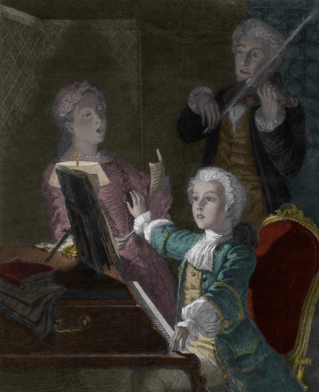 Wolfgang Amadeus Mozart和他的父亲，Leopold和妹妹，Marie-Anne 作者 维克多·路易斯·福西永