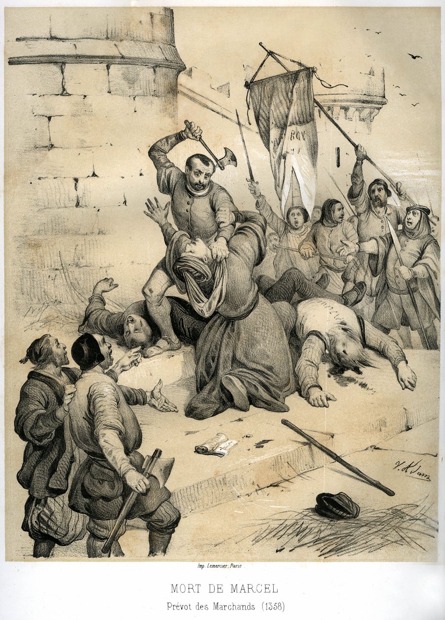 1358 年 7 月，保皇党领袖之一让-马亚尔（Jean Maillart）刺杀了富有的绘图师和商人普雷沃特（Prevot des merchants，1316-1358 年）艾蒂安-马塞尔（Etienne Marcel）。维克多-亚当（Victor Adam，1801-1866 年）在《中世纪的法国》一书中绘制的版画。 作者 维克多·亚当