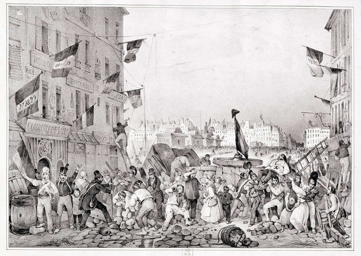 1830年7月29日在Dauphine街的路障，由H.Davporte雕刻 作者 维克多·亚当