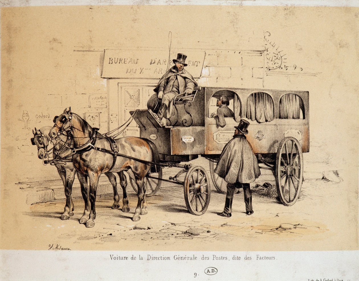 邮局的车--亚当的石版画，约1840年。 作者 维克多·亚当