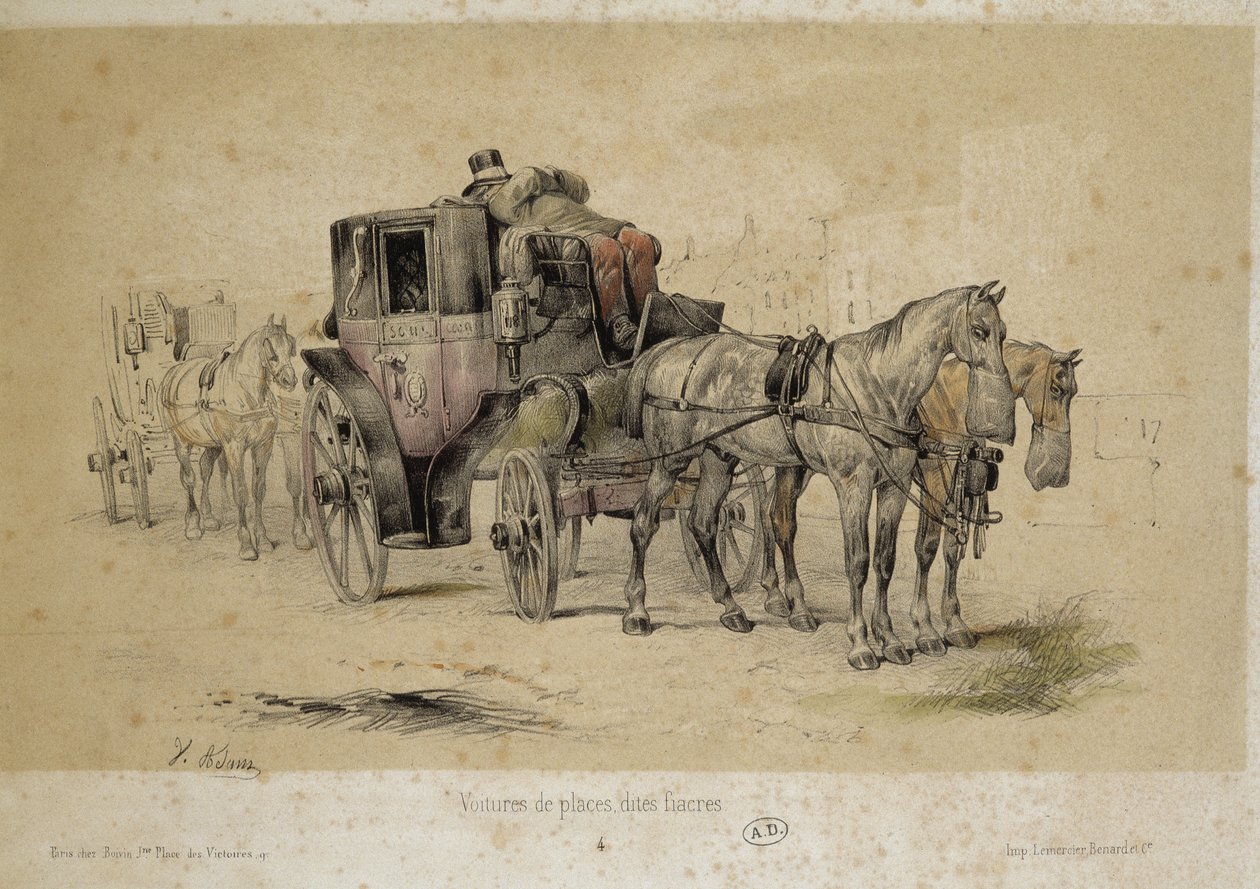 被称为fiacres的汽车--亚当的平版印刷品，1840年版本 作者 维克多·亚当
