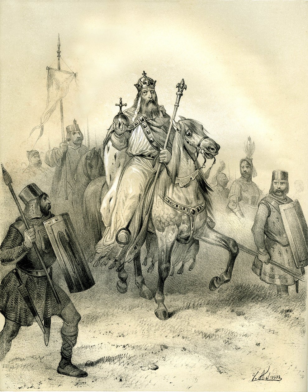 查理曼大帝手持权力徽章，率领身着盔甲的士兵驰骋疆场。维克多-亚当（Victor Adam，1801-1866 年）在 19 世纪中叶阿尔当兄弟出版的《中世纪的法国》一书中绘制的版画。 作者 维克多·亚当