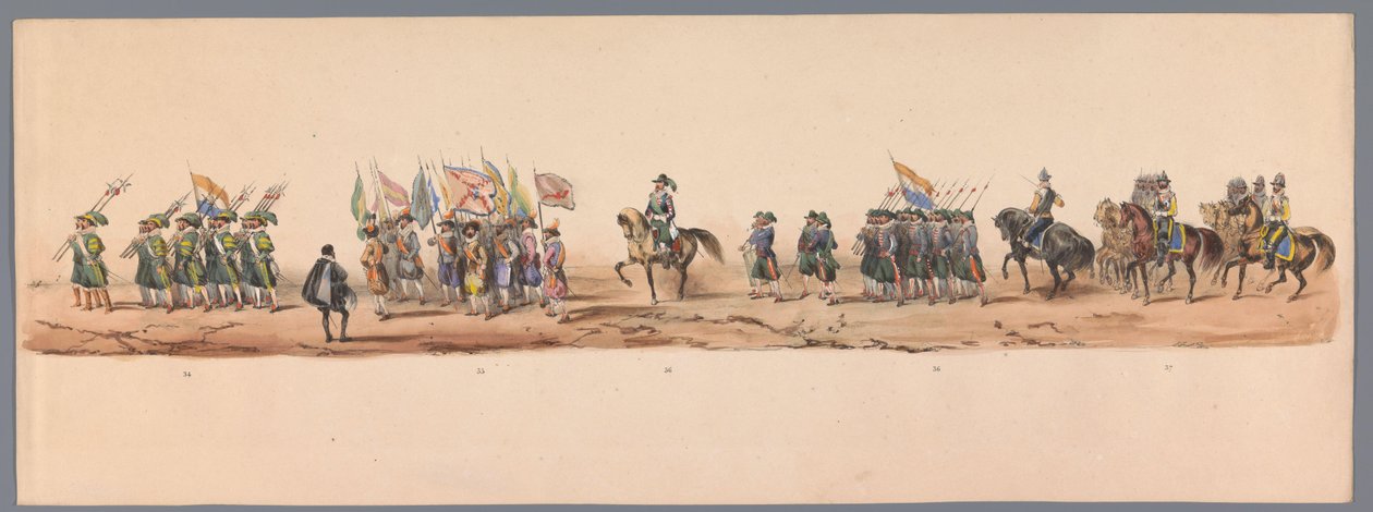 1836 年乌特勒支大学第二个百年庆典上的历史庆典（图版 9）
1600 年 7 月 3 日，尼乌波尔特战役胜利后的第二天，荷兰军队前往奥斯坦德的游行队伍；根据 H H Student 提供的服装表现形式 作者 维克多·亚当