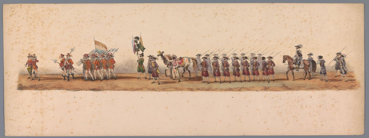 1836 年乌特勒支大学第二个百年庆典上的历史庆典（图版 3）
1600 年 7 月 3 日，尼乌波尔特战役胜利后的第二天，荷兰军队前往奥斯坦德的游行队伍；根据 H H Student 提供的服装表现形式 作者 维克多·亚当